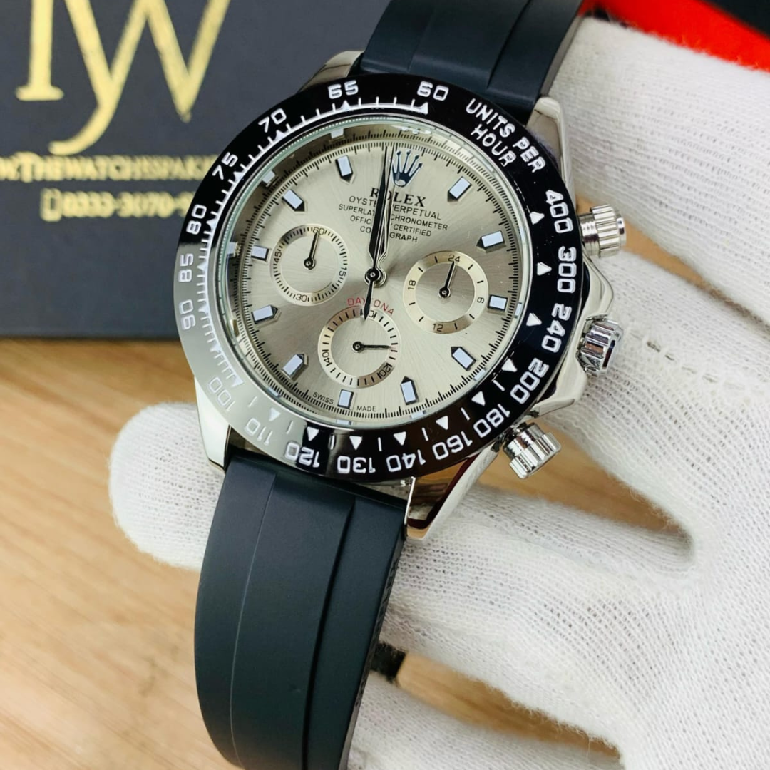 Rolex Daytona Chrono (Black Strap Silver Case Inner White)
