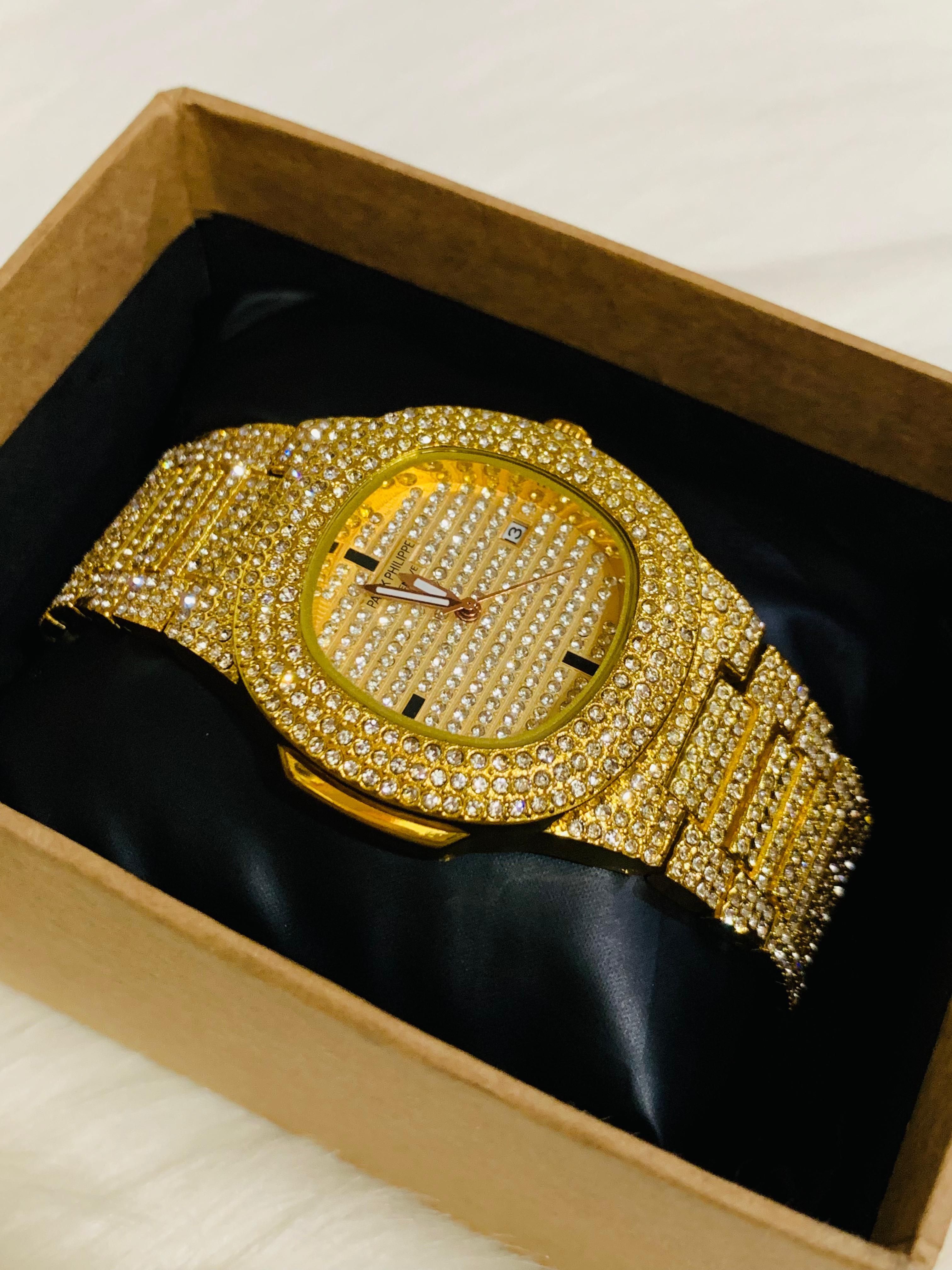 PATEK PHILIPPE GENTS  DIAMOND STONE WATCH-GOLDEN