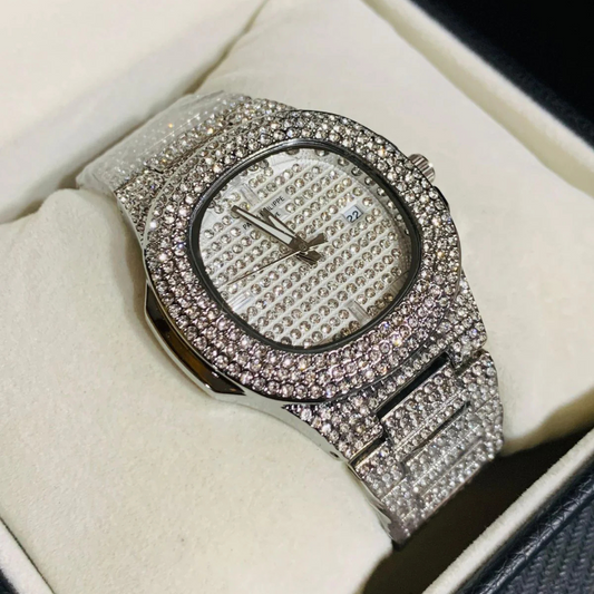 PATEK PHILIPPE GENTS  DIAMOND STONE WATCH-SILVER