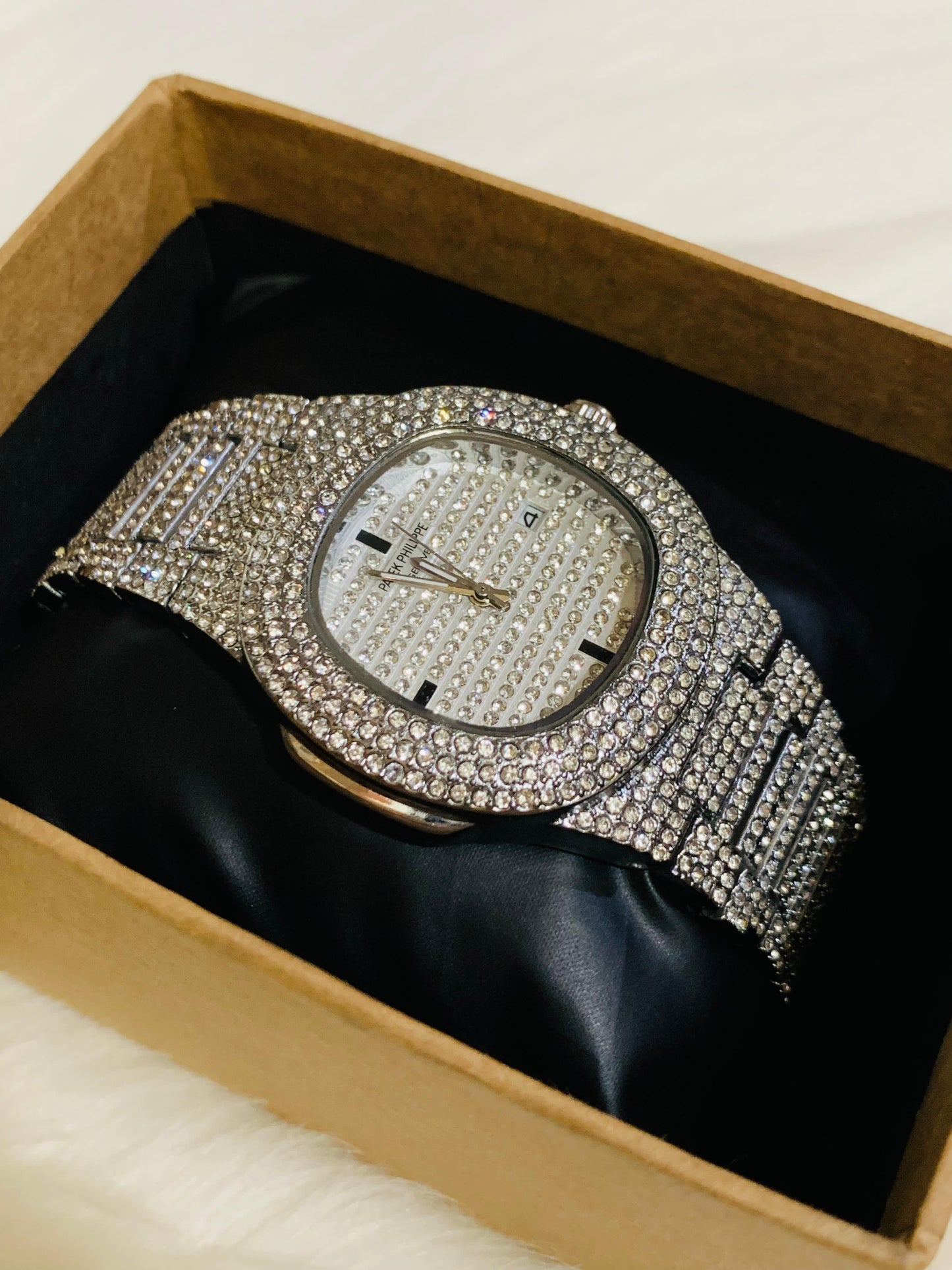 PATEK PHILIPPE GENTS  DIAMOND STONE WATCH-SILVER